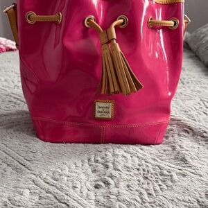 Dooney & Bourke Hot Pink Patent Leather Drawstring Shoulder Bag with Tan Tassel